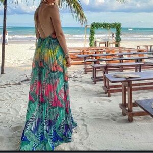 EVER AFTER Tropical Multicolor Halter Pleated Maxi Dress Size Medium